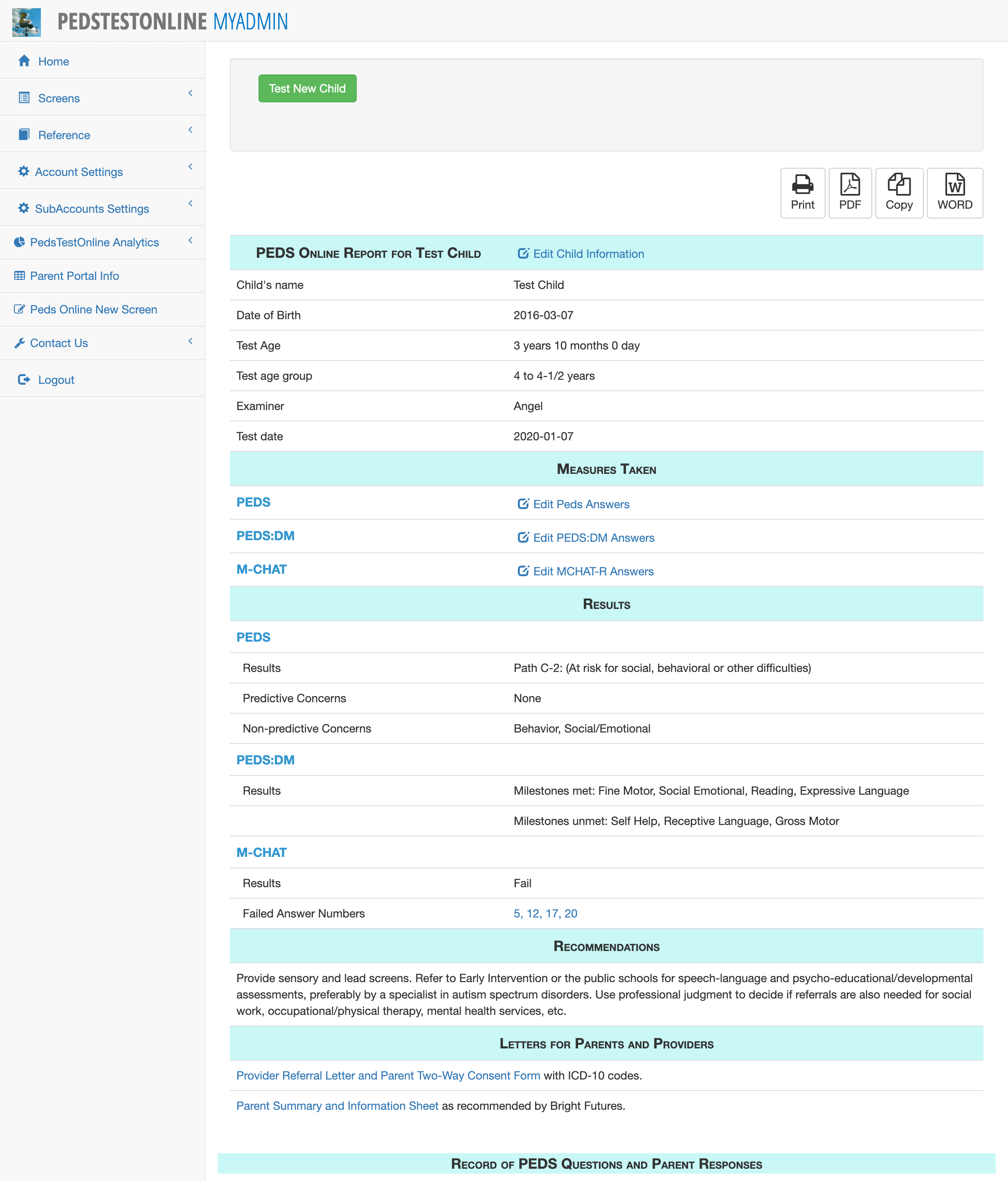 PEDStest Online MyAdmin Report Sample - Showing Child Development Assessment Results