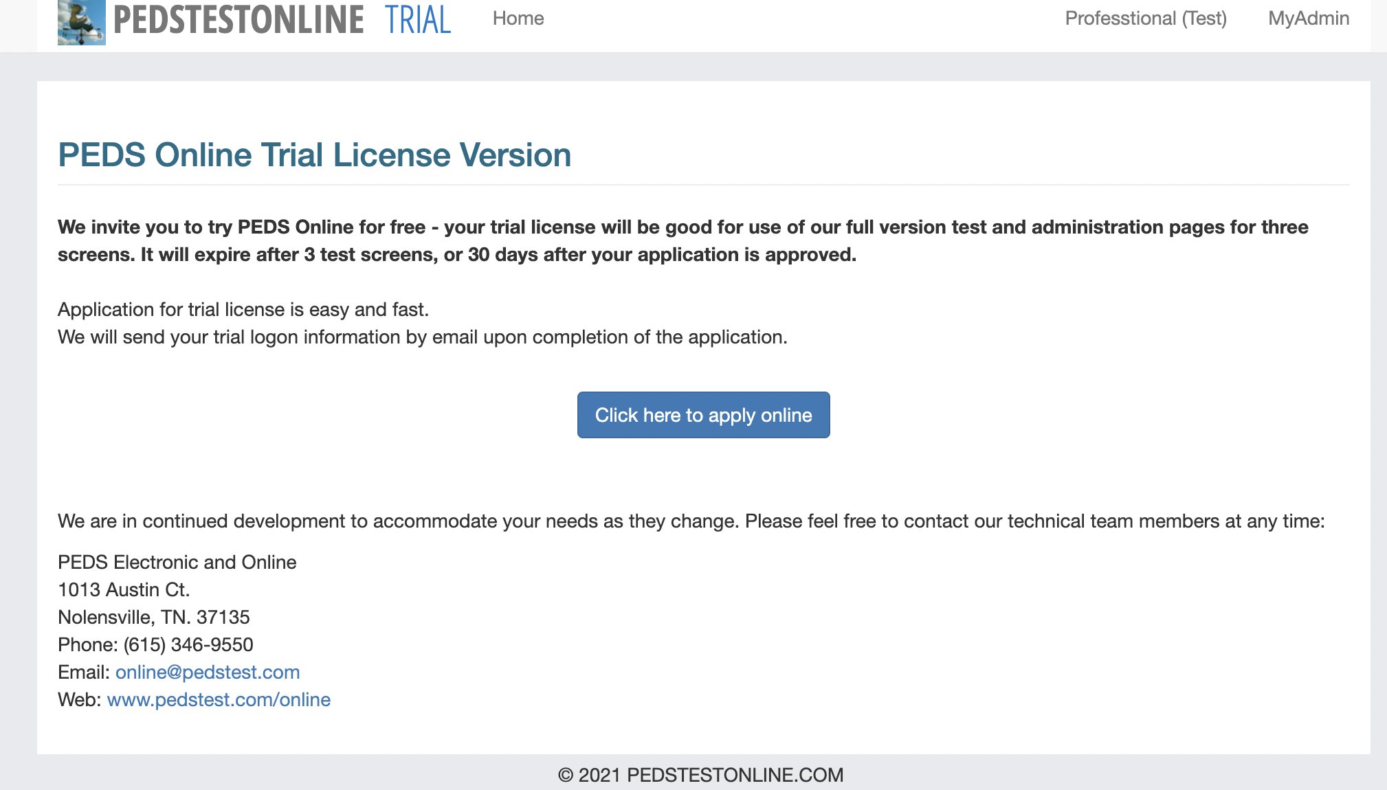 PEDStest Online Trial Account Interface - Free Trial Features